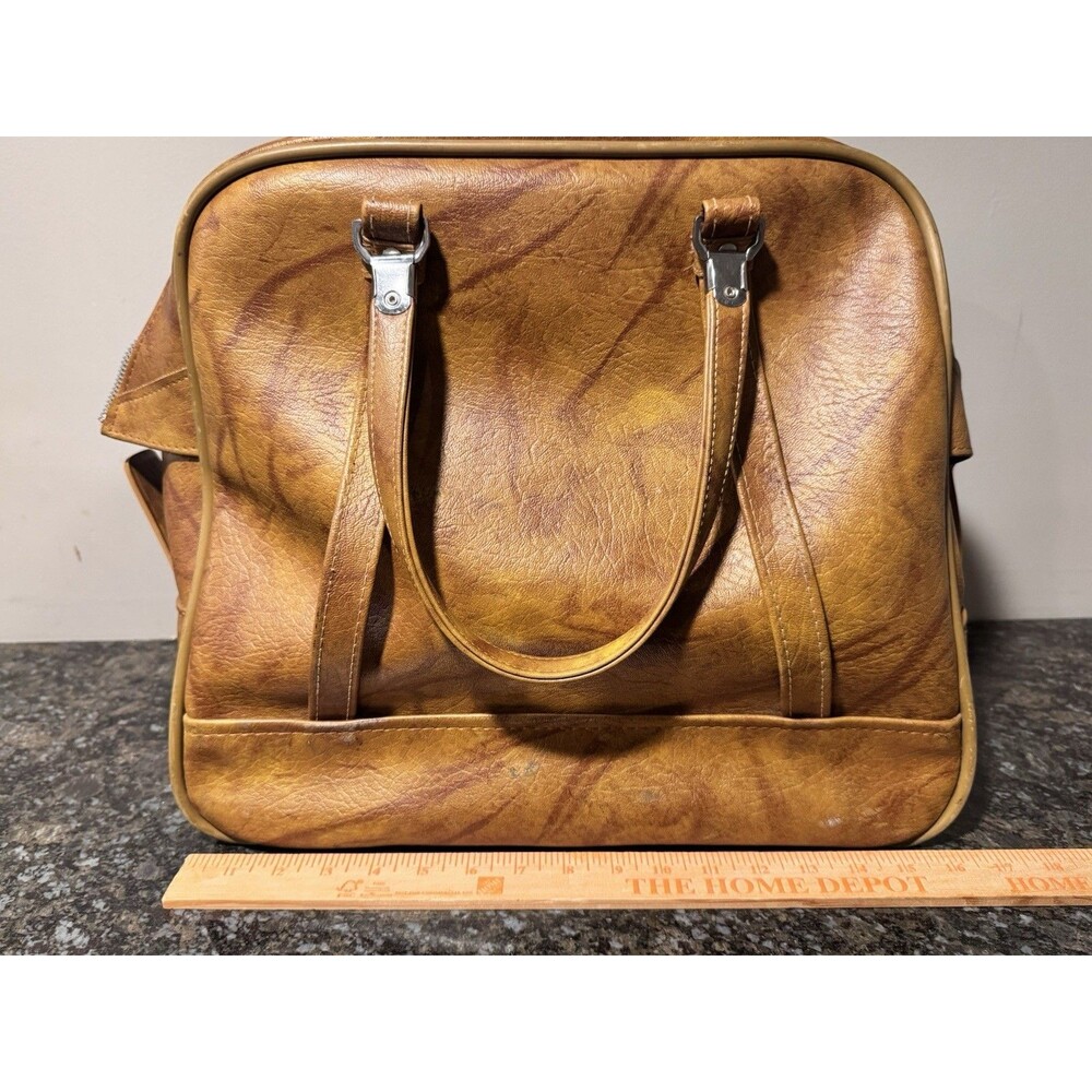Vintage 1970s American Tourister Style Brown Marbled Vinyl Carry On Travel Tote